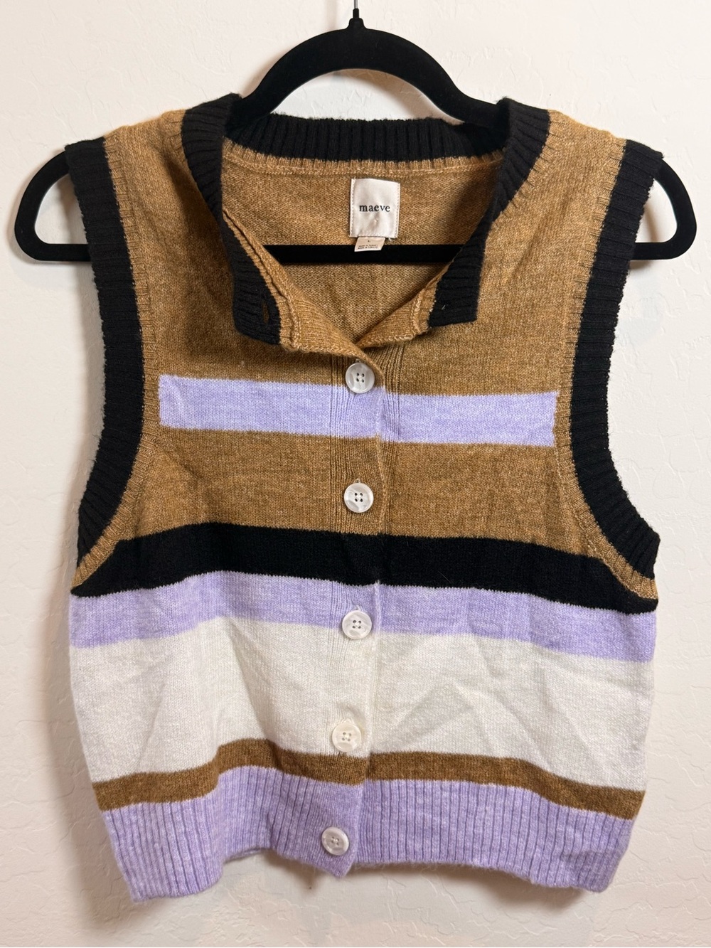 Maeve Striped Button-Front Knit Vest in Brown, Lavender & Black